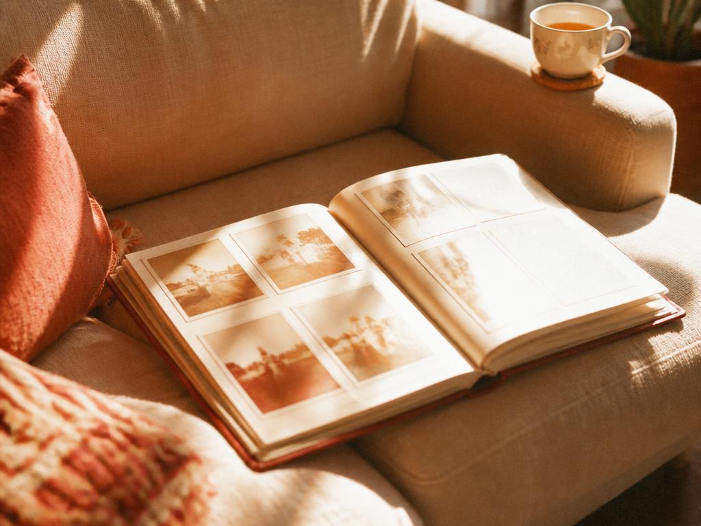 An old family photo album open on a sofa, its prints washed out by afternoon sun