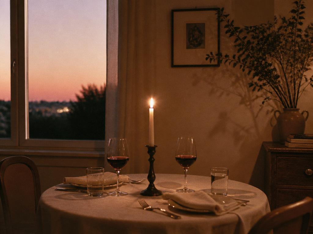 A dinner table set for two, candle lit, conversation underway