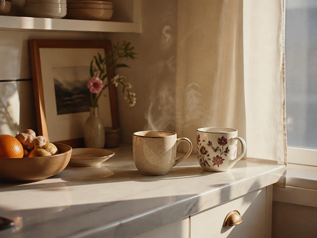 A quiet kitchen on an ordinary weekday morning, two mugs on the counter
