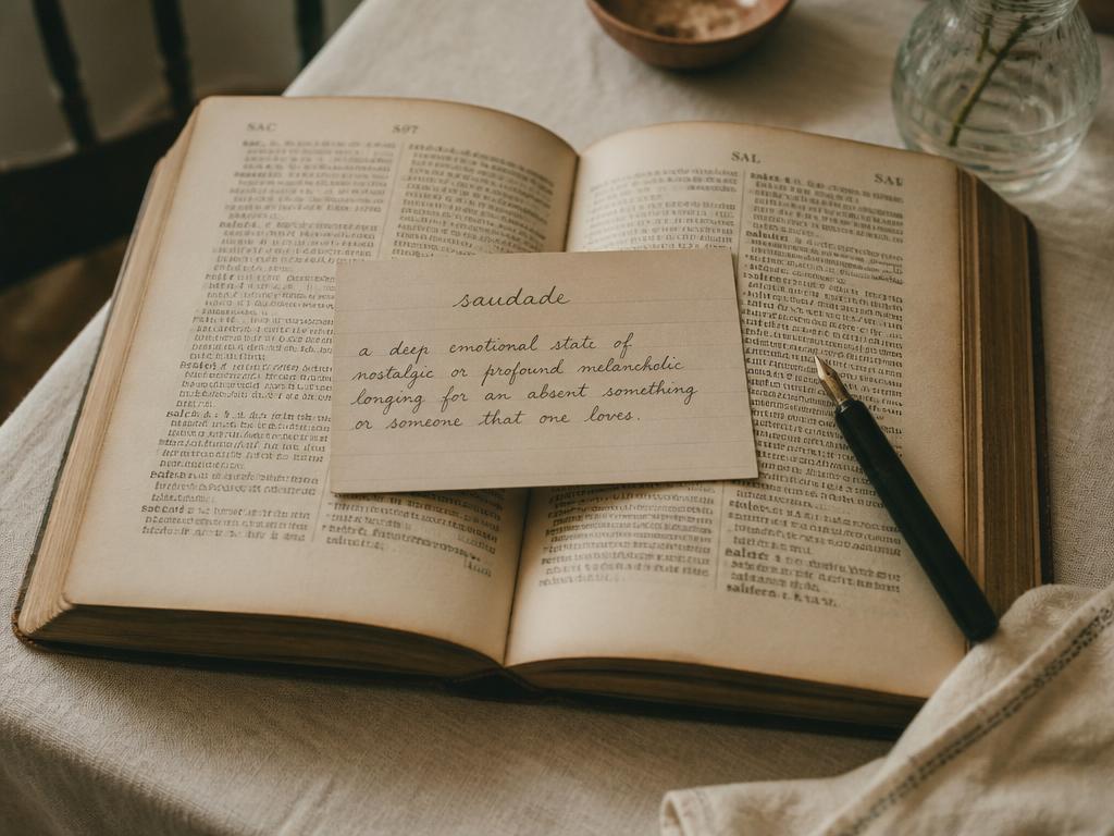 An open dictionary with a handwritten definition card resting on the page
