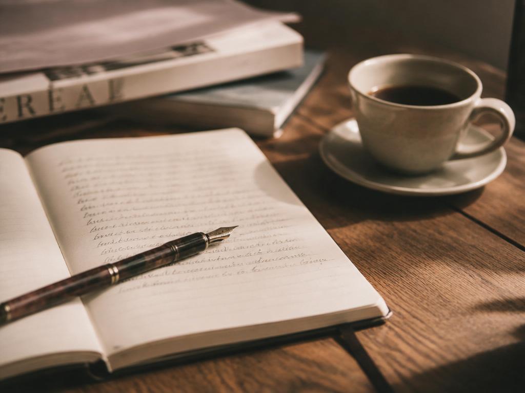 A linen notebook and coffee on a wooden desk, a short list written down