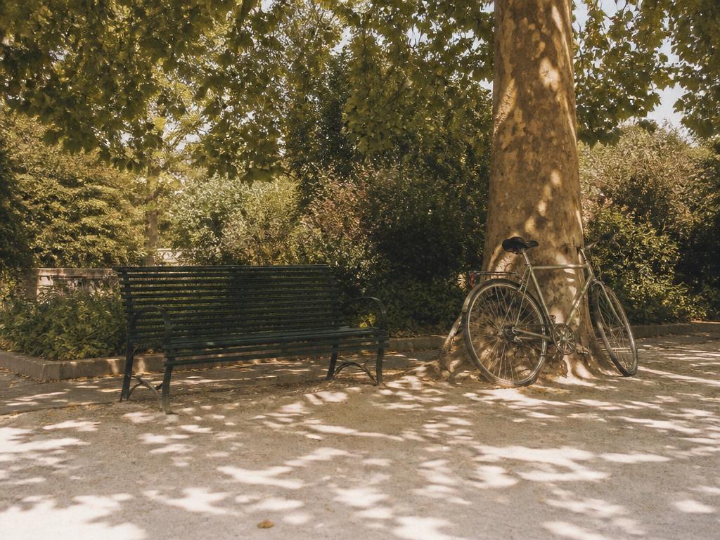 An empty park bench under soft morning light