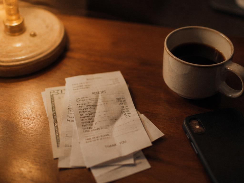 A small stack of paper receipts beside a cup of coffee under warm lamplight