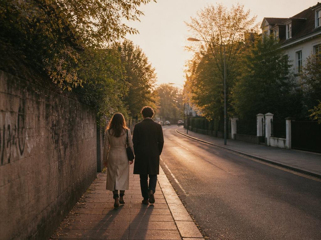 A couple walking the same direction down a quiet street at golden hour